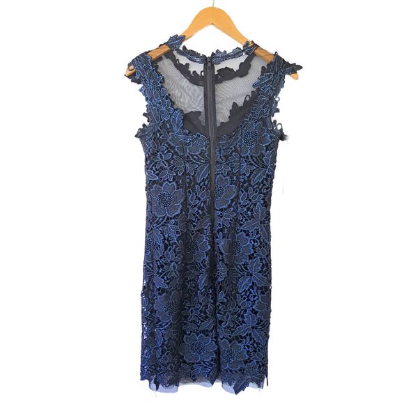 CACHE Floral Lace Sheath Dress Size 4 Black Metallic Blue Mesh Cocktail Party - Picture 8 of 9